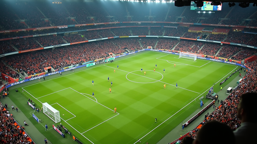 High angle view of a football pitch with players in action during a World Cup knockout match