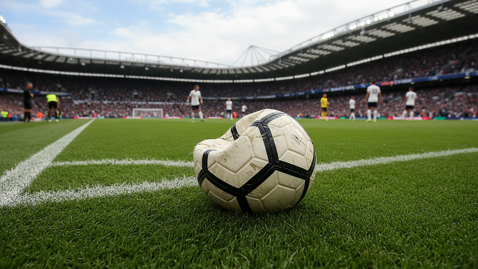 Close-up view of a football on a grass field before a match