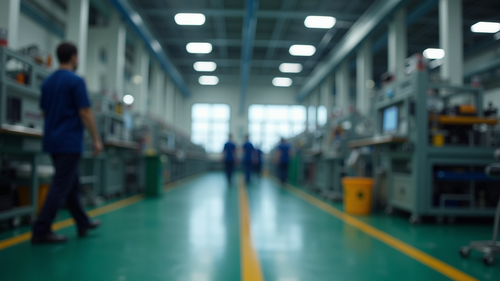 Eye-level view of a factory floor with machinery and workers