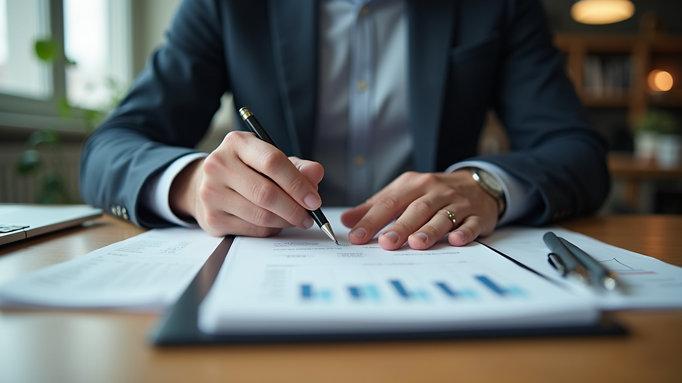 Eye-level view of a small business owner reviewing financial documents