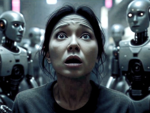 Eine ängstlich schauende Frau. Im Hintergrund Roboter.