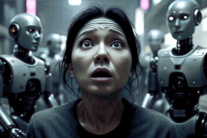Ängstliche Frau. Im Hintergrund Roboter. Dystopische Stimmung.