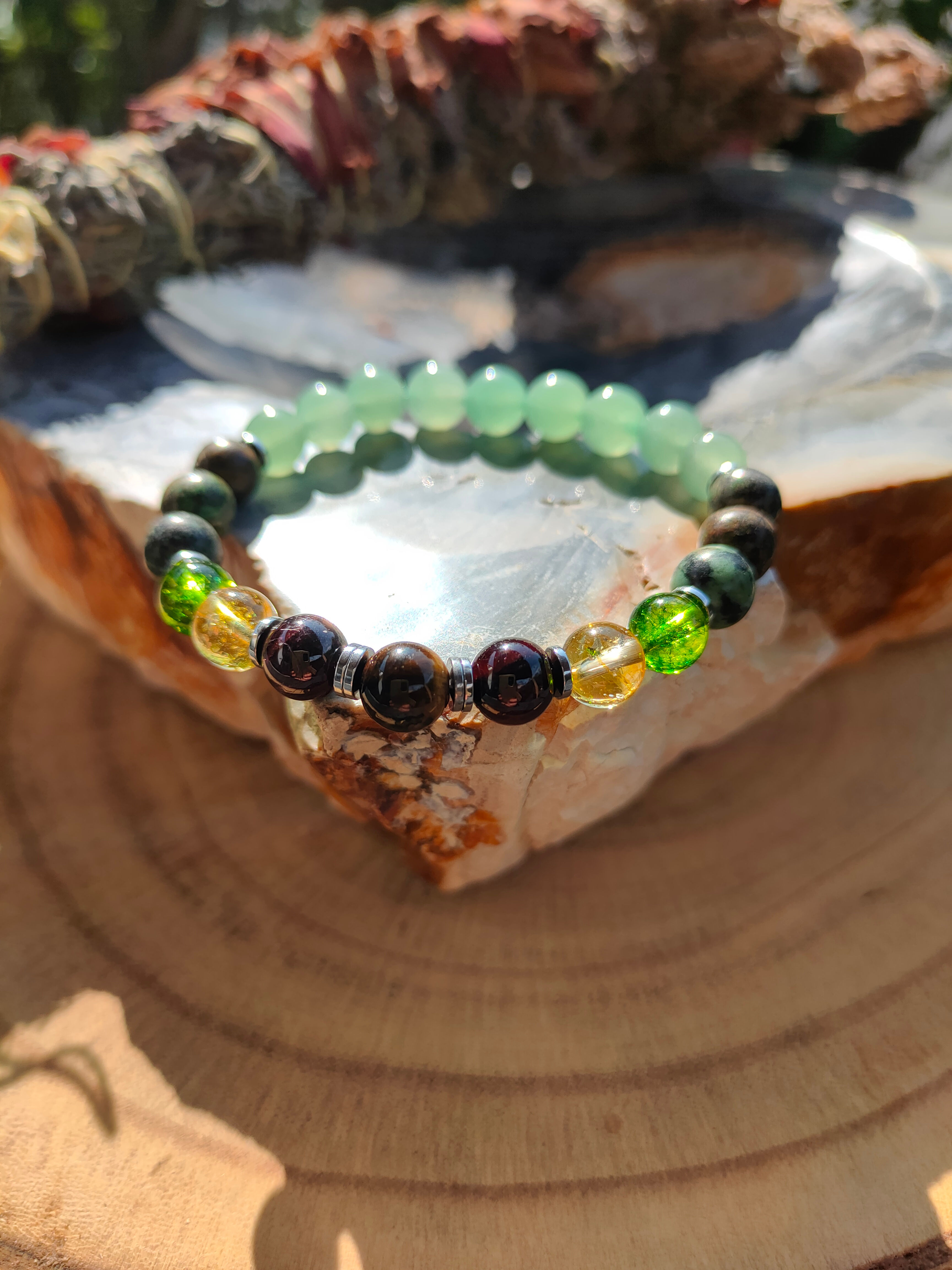 Bracelet perles Oeil de tigre, Citrine, Péridot, Aventurine verte...