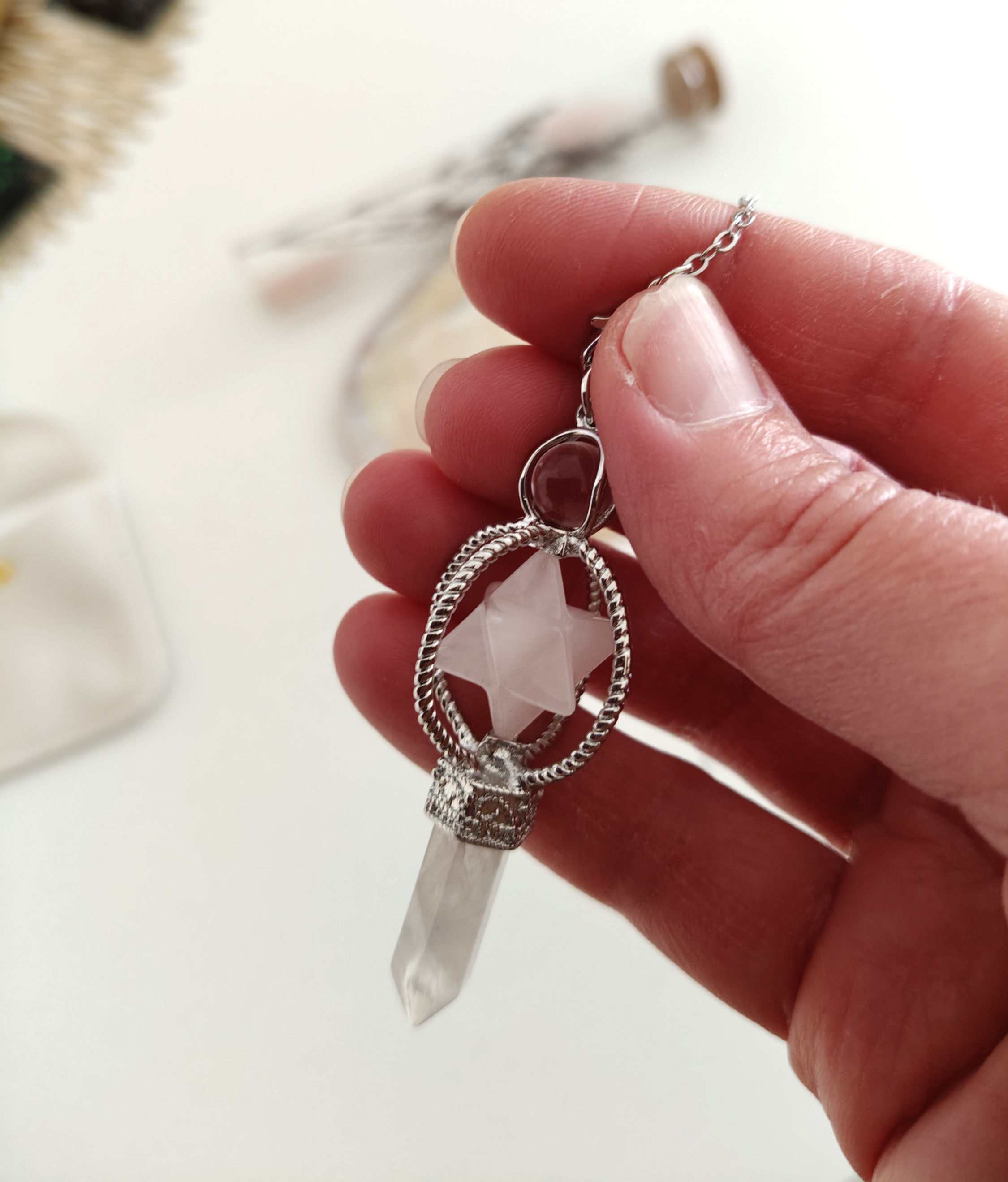 Pendule Merkaba Quartz rose et pointe de Quartz blanc