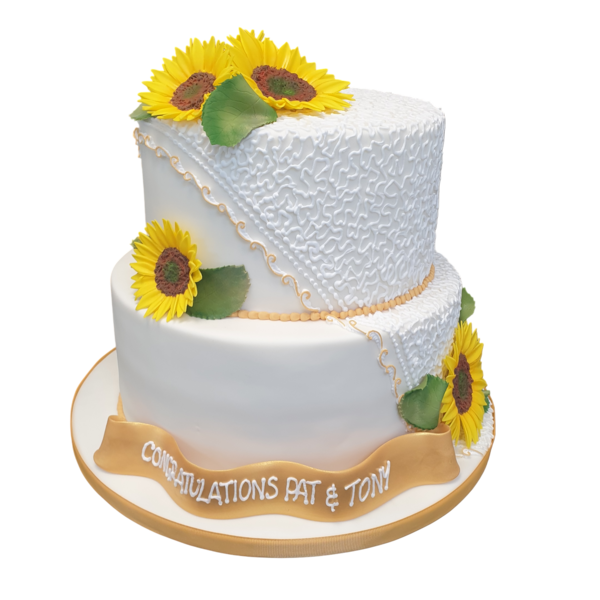 Two-tiered wedding cake with sunflowers and intricate sugar paste detailing.