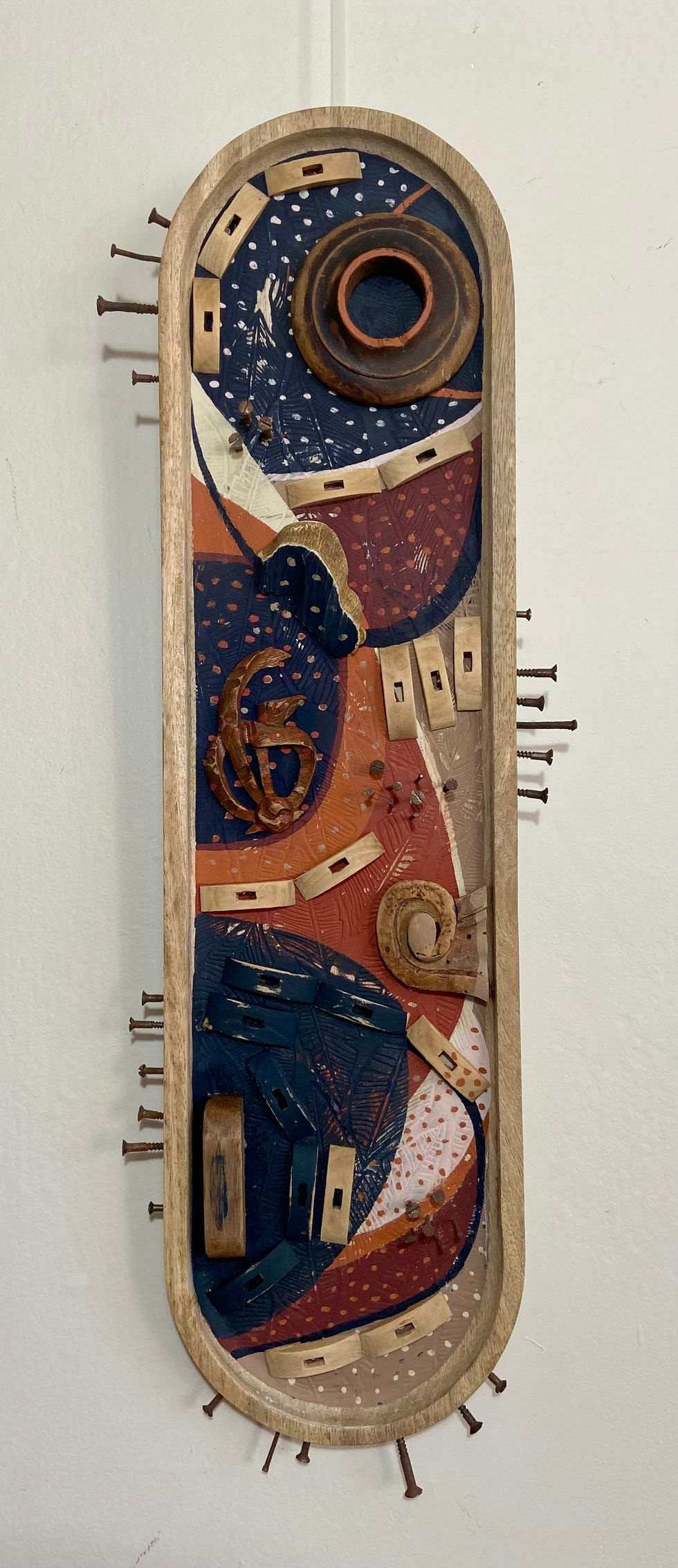 Terroiracrylic and foun d objects on mango wood platter 62cm 23cm