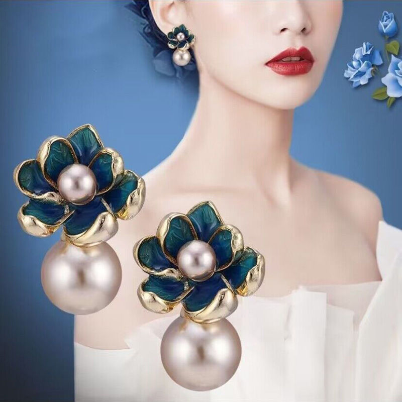 Thumbnail: Blue floral with pink pearl earrings