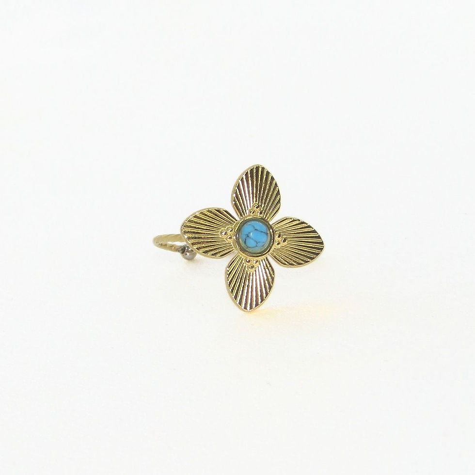 Front view of the Blue Turquoise Flower Ring, showcasing the gold-plated flower design with a vibrant turquoise crystal at th