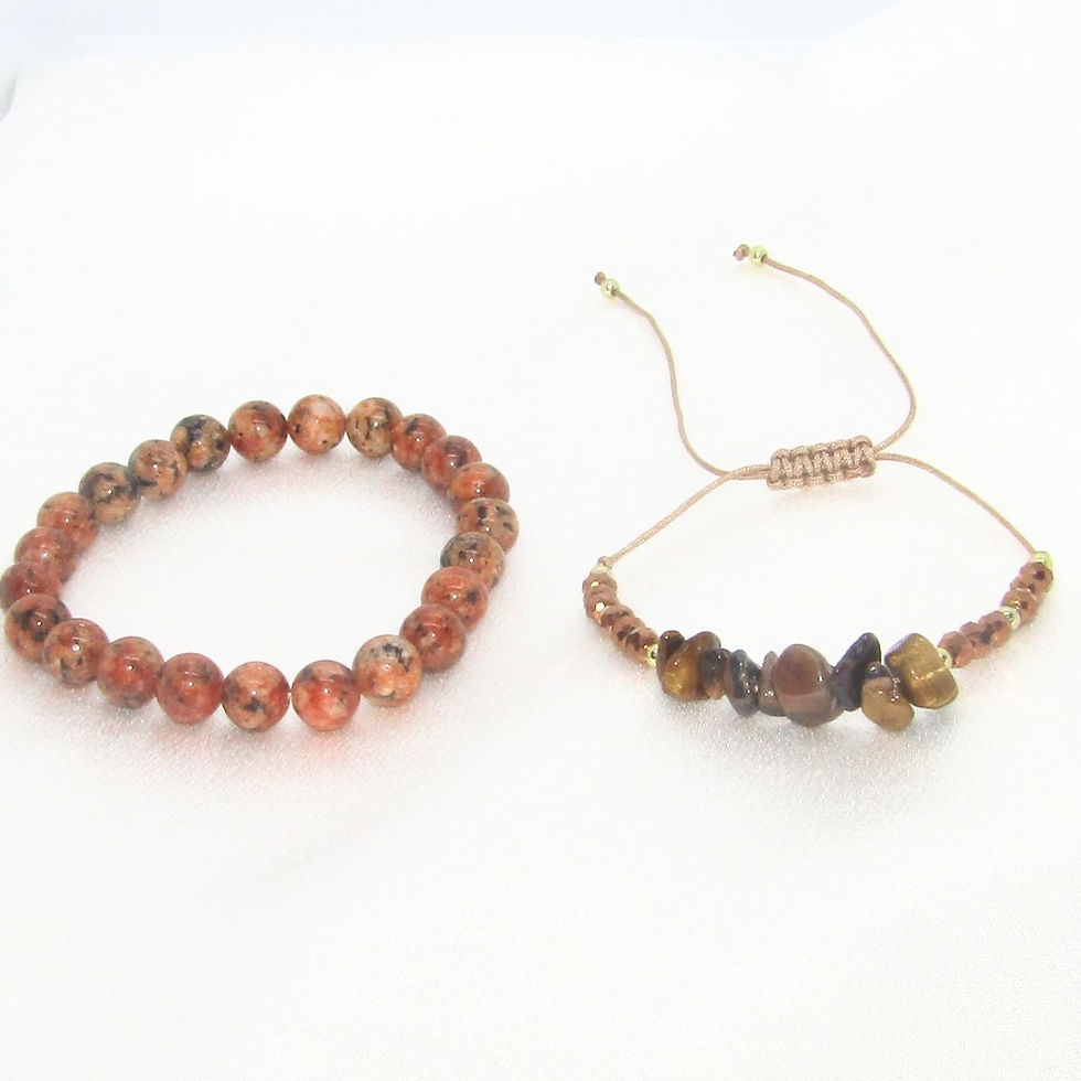 Granite Strength Bracelet Set featuring one granite beaded bracelet and one gold tiger’s eye gemchip cord bracelet.
