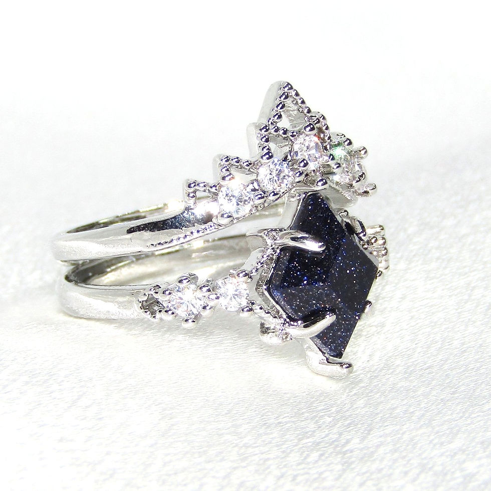 Close-up of the Celestial Nightfall Ring Set with a blue sandstone diamond centerpiece and tiara-inspired zirconia ring.