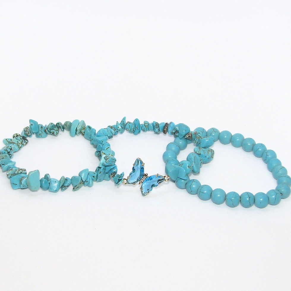 Light blue howlite butterfly bracelet set, 3-piece stretchy and adjustable for calm and balance.