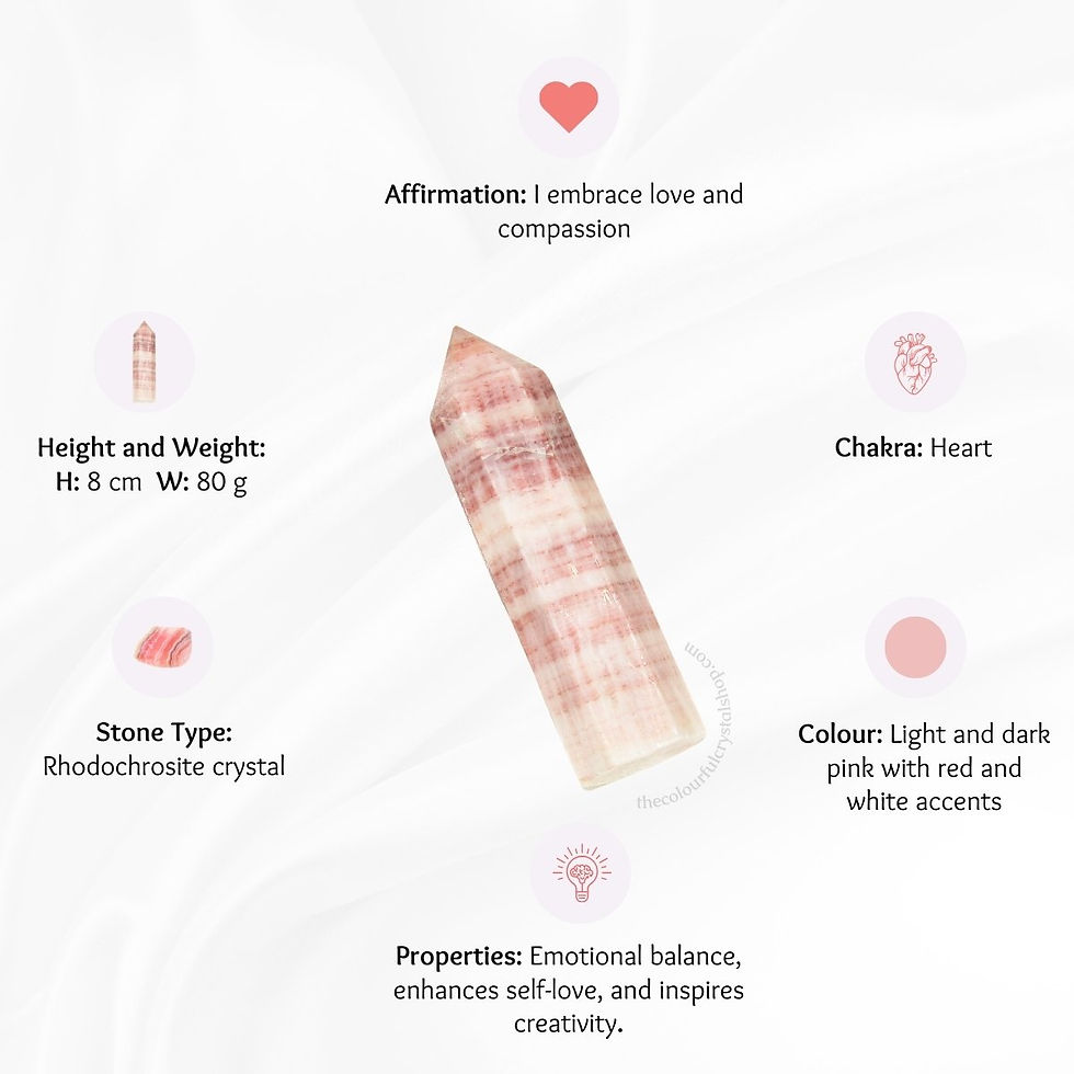 Thumbnail: Features of the Rhodochrosite Crystal Tower: 8 cm height, 80g weight, displaying its light and dark pink hues with red and wh