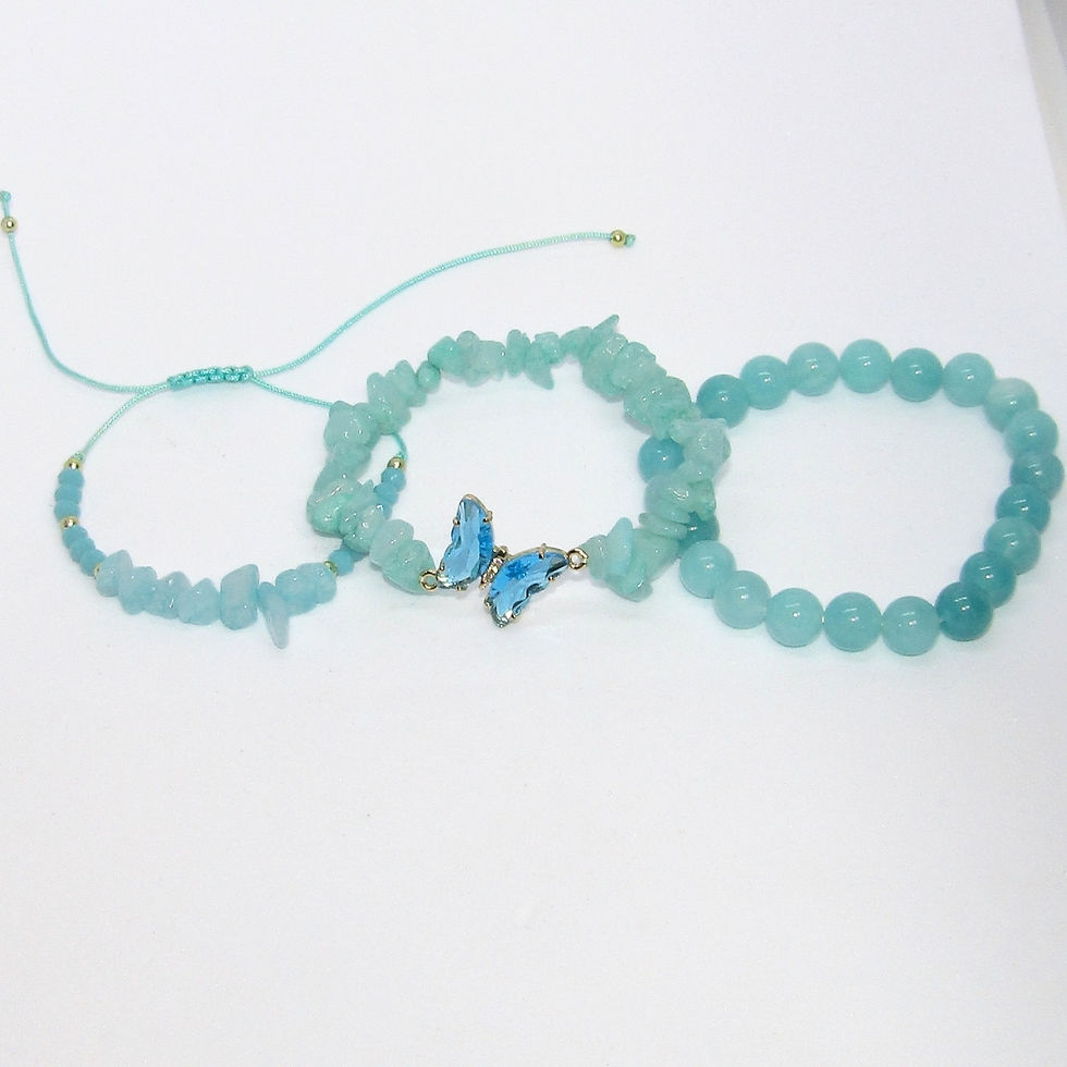 Thumbnail: Aquamarine crystal bracelet set with beaded, butterfly, and cord styles.