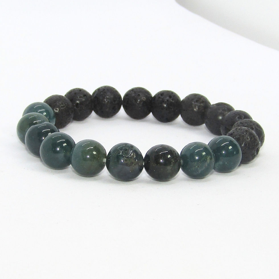 Thumbnail: Lava Stone bead bracelet combined with Green Moss Agate crystal beads for stress relief and positivity.
