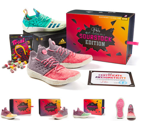 Two pairs of pink and purple Adidas shoes, a box with 'G-Eazy's Best Friends Vol. 2 SOURSTOCK EDITION' text, and a certificate of 'AWESOMECOCITY'