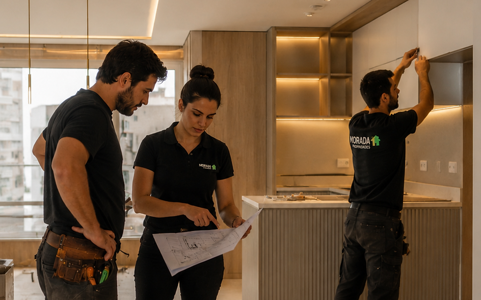 Equipe de reforma trabalhando em um apartamento: três profissionais analisam uma planta enquanto outro instala um acabamento em um armário. O ambiente possui marcenaria em madeira, iluminação indireta quente e acabamentos contemporâneos, mostrando a equipe acompanhando de perto a execução da obra.