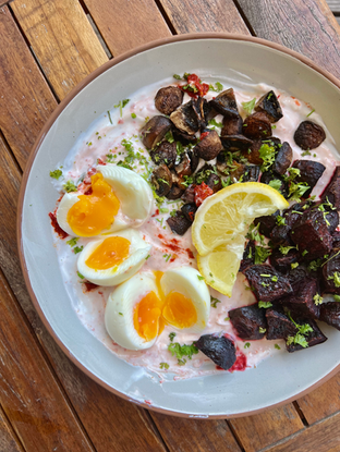 Savory Yogurt Bowl: Roasted Beets & Mushrooms with Jammy Eggs