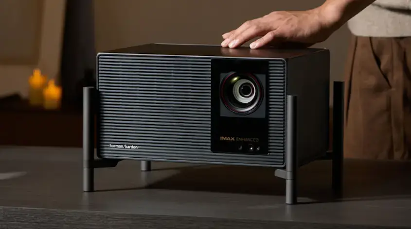 XGIMI Titan Noir Max 4K RGB laser projector with Harman Kardon audio on desktop stand, home theater projector with 10,000:1 native contrast on Kickstarter