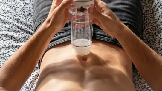 Man using MYHIXEL Sync Pump vacuum therapy device during a guided training session