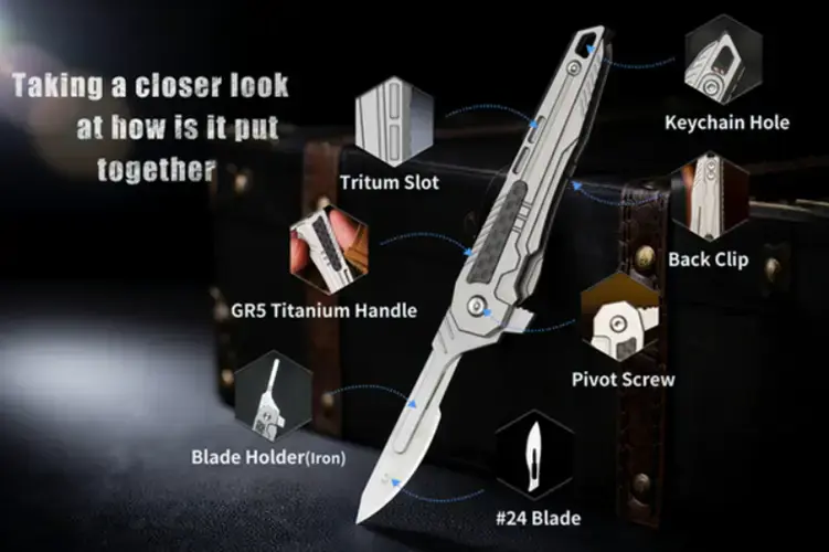 Titanium utility knife with folding multifunctional tools