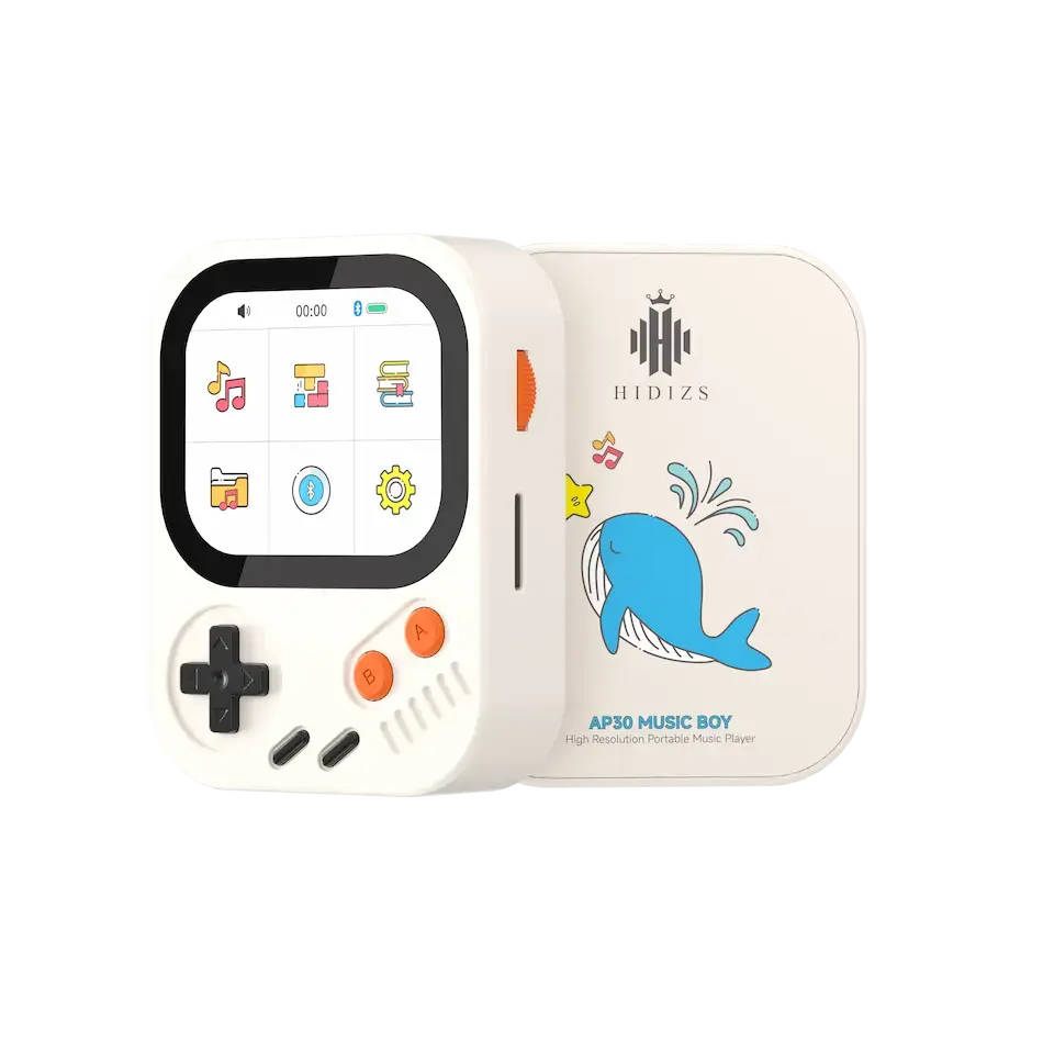 White Game Boy-inspired HIDIZS AP30 Music Boy portable Hi-Res music player with orange buttons, color screen, and whale-engraved backplate.