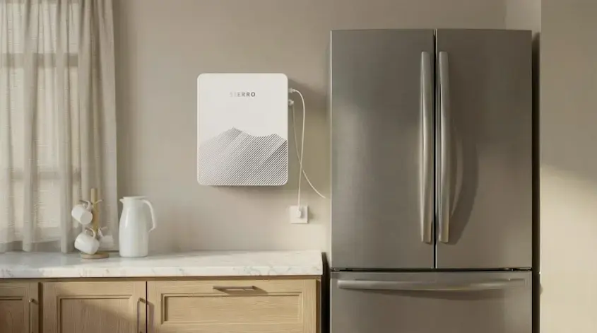 Sierro home backup battery mounted on kitchen wall next to refrigerator with wall mount bracket