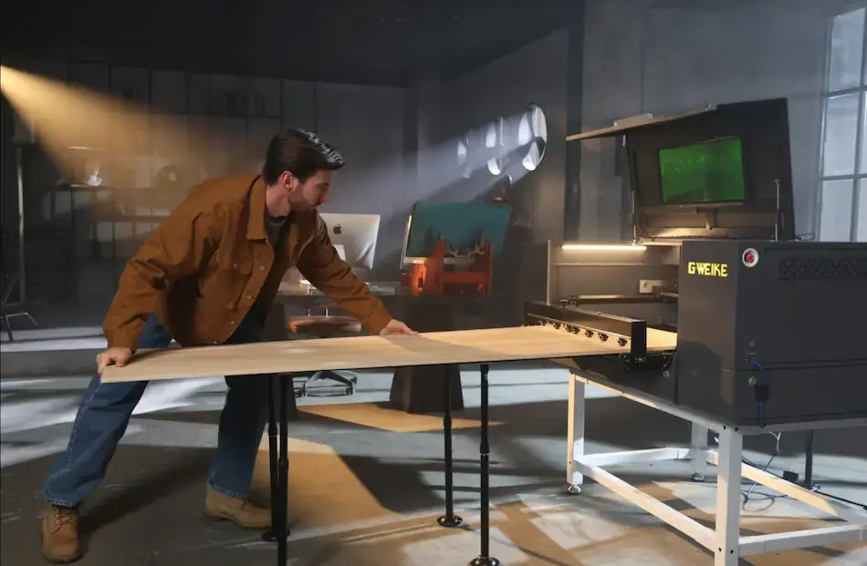 Gweike MCore laser cutter on Kickstarter using the Intelligent Conveyor for large materials.
