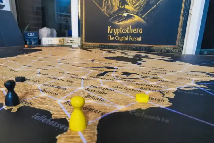 Kryptothera board game with cryptids and Art Deco design