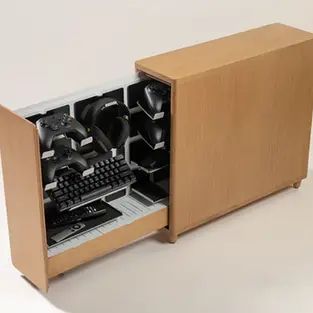 340 End Table modular hardwood side table with metal grid and aluminum attachments for gaming peripherals