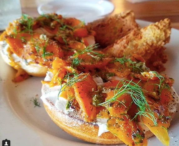 Carrot Lox: cured smoked carrot, house-made cashew cream cheese, capers, dill and cracked black pepper on a toasted bagel (there's a gluten free option, too!).