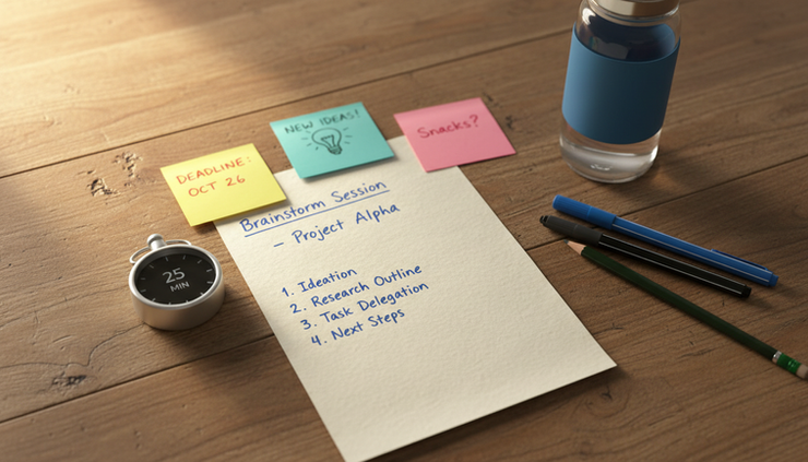Close-up view of a handwritten agenda with colorful sticky notes and a timer beside it.
