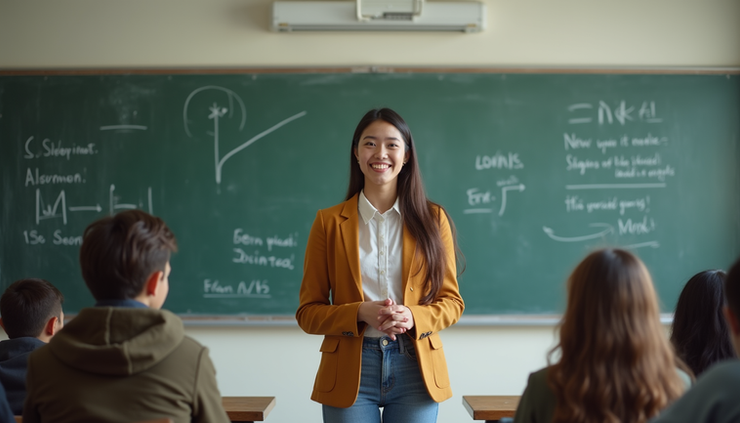 Eye-level view of a student standing confidently in front of a classroom