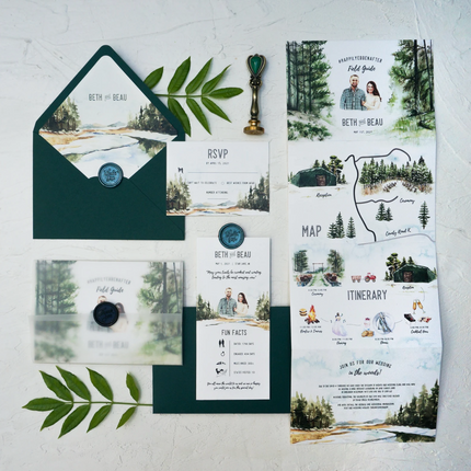 Wedding stationery station with decorated invitations and menus