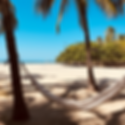 SANTA MARTA: Uma rede de descanso branca armada entre coqueiros em uma praia de areia clara e mar calmo em Santa Marta.