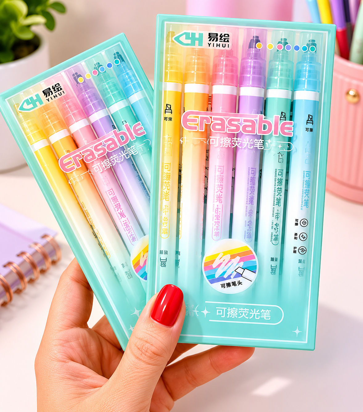 Kit Marca-Texto Apagável Pastel com Estojo – 6 Cores