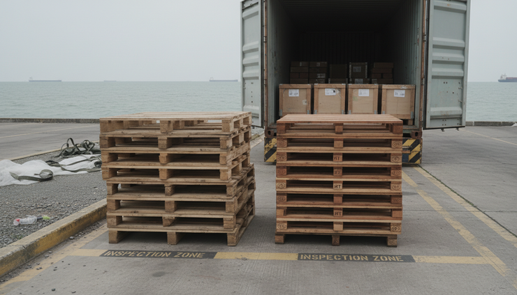 Wide-angle view of wooden pallets beside an open shipping container at a port inspection area