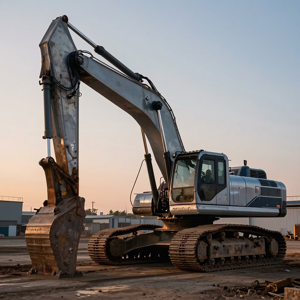 Outdoor photography of a large excavator on a construction site. The heavy machinery is parked under a warm, clear sky.