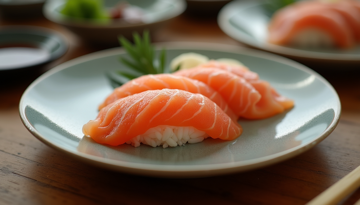 Close-up view of a plate of sushi with raw fish slices