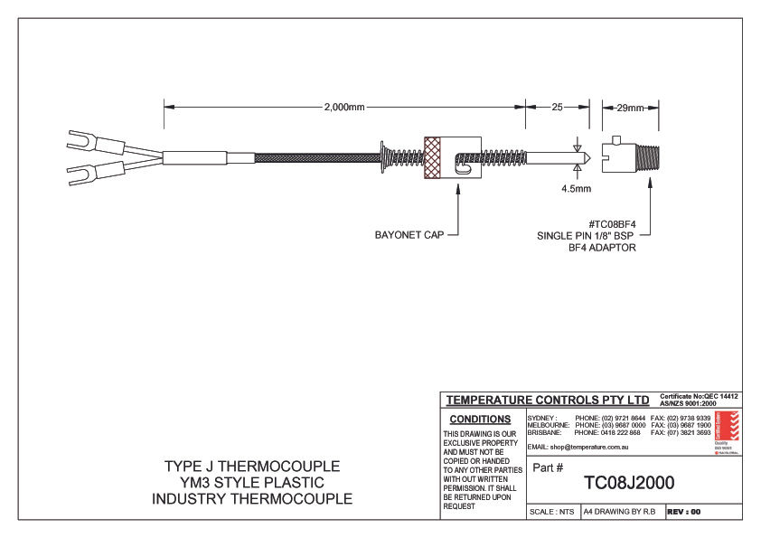 Thumbnail: Thermocouple Type J – YM3 Bayonet Cap, 2000mm Long, 1/8" BSPT Adaptor, Max 280°C technical drawing