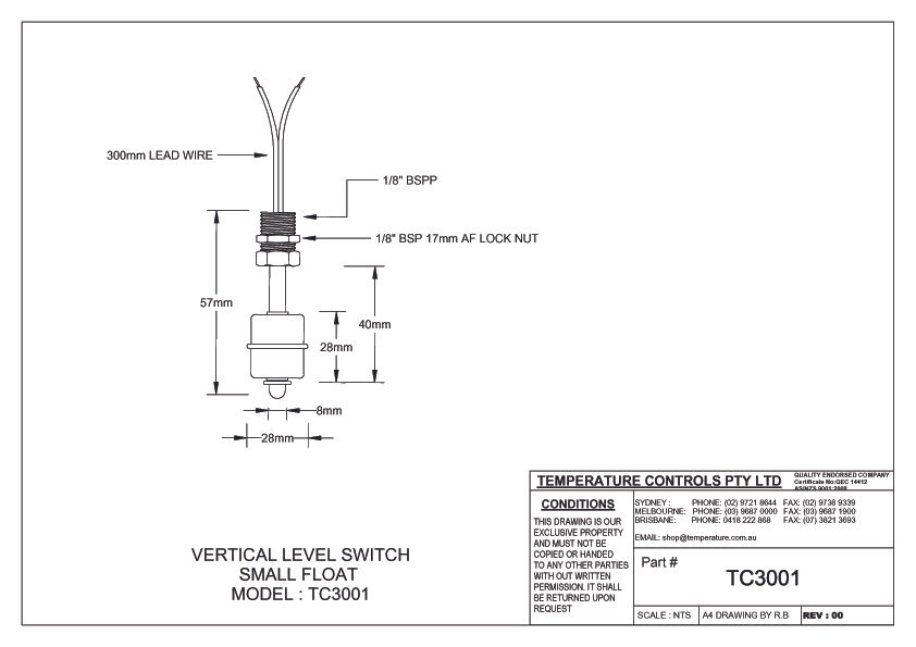 Thumbnail: Vertical Level Switch 316 Stainless Steel -10°C to 120°C 1/8" BSPP with Lock Nut technical drawing