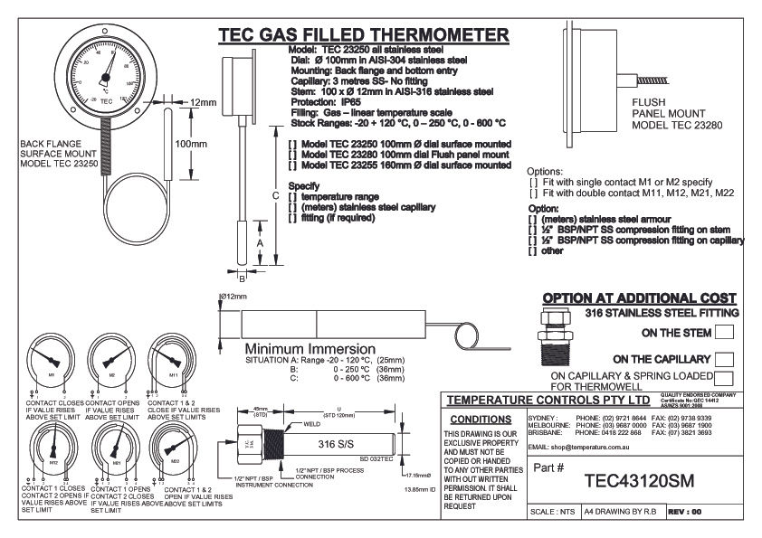 Thumbnail: Dial Thermometer Gas Filled – 100mm Dial, Surface Mount, -20 to 120°C Technical drawing