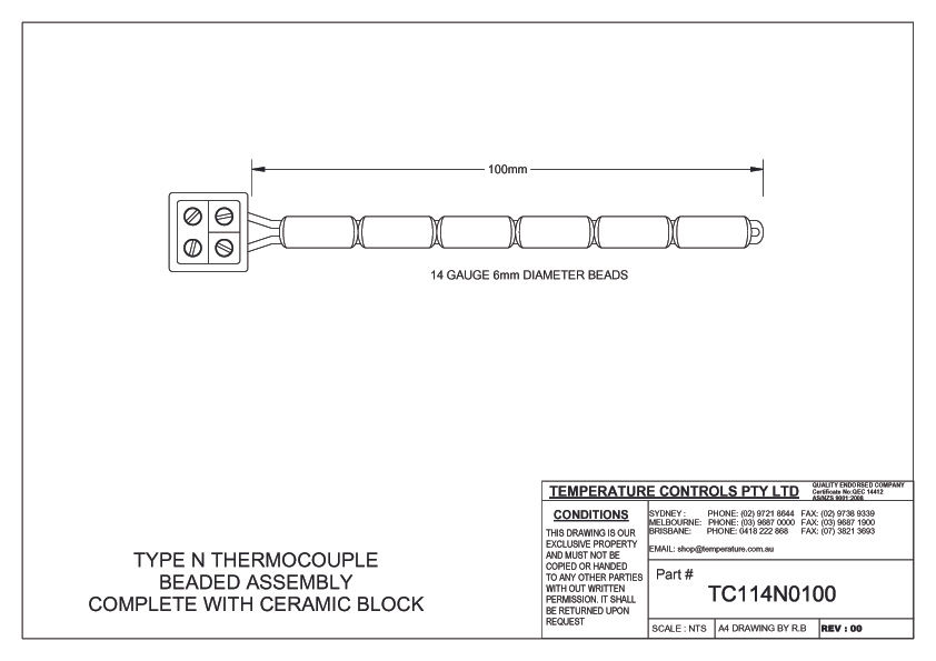 Thumbnail: Thermocouple Type N Pottery Probe 14 AWG (100 mm Length) technical drawing