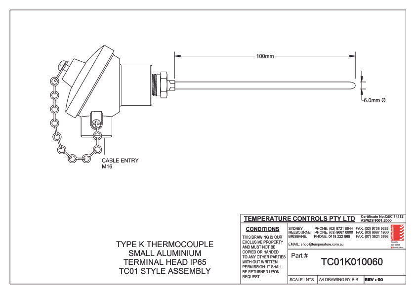 Thumbnail: Thermocouple Type K – 6.0mm Ø x 100mm Long, Small Aluminium Head, Max 1200°C Technical drawing
