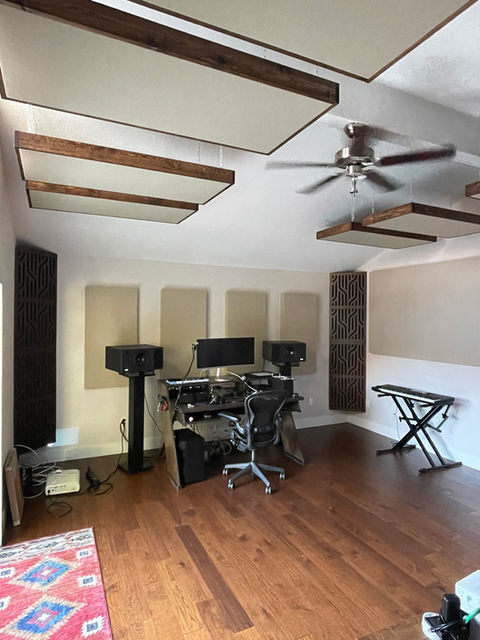 Home Studio with acoustic treatment including acoustic ceiling and wall panels