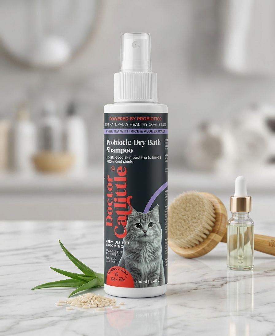 front view of the catlittle cat dry bath with aloe and a brush on a counter top
