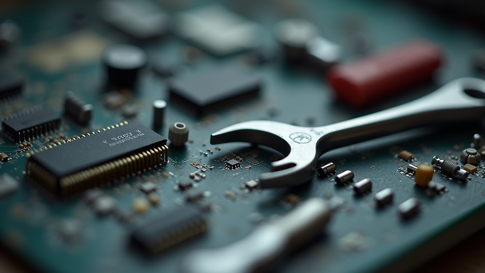Close-up de ferramentas de reparo de celular organizadas em bancada