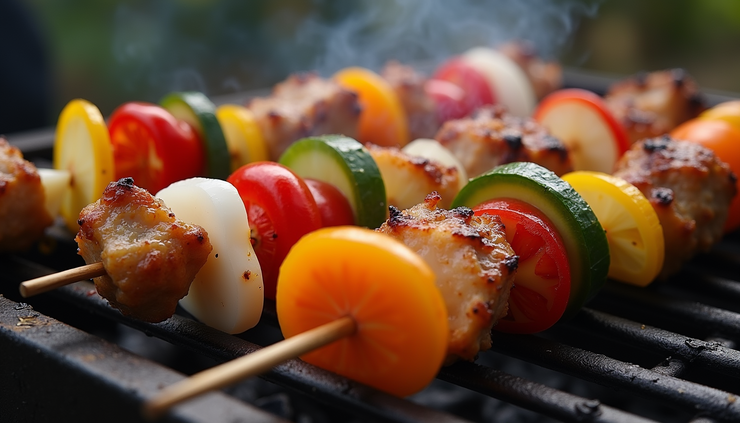 Close-up view of colorful grilled kebabs with vegetables on skewers