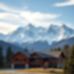 An image of a rental property with a mountain backdrop with huge mountains crested in snow