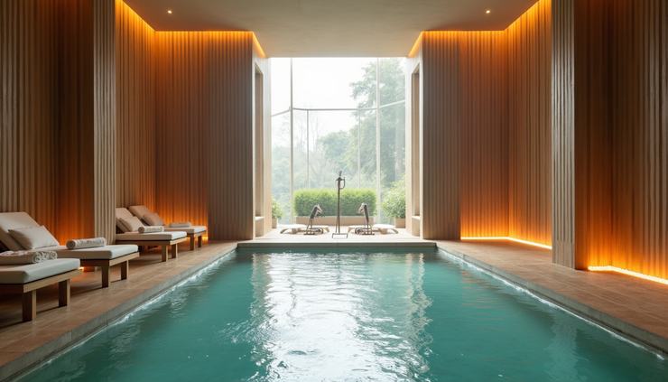 Vista interna de spa urbano com decoração moderna e ambiente relaxante