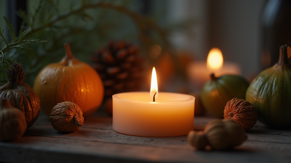 Close-up view of a lit candle surrounded by natural elements